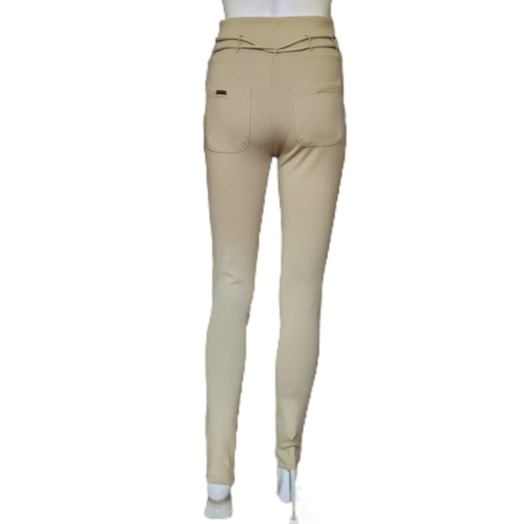 Maniere De Voir Tie Detail Neoprene Zip Ankle Pintucked Leggings In Beige - Picture 5 of 16